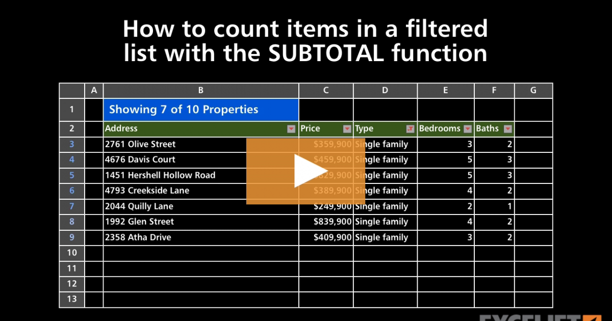 how-to-count-items-in-a-filtered-list-video-exceljet